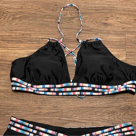 Black and Multicolor Striped Women's Swim Set 2 Piece Halter Neckline Size XL - Picture 6 of 14